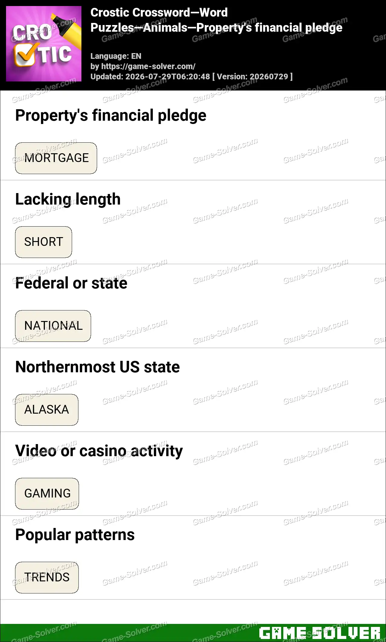 Crostic Crossword-Word Puzzles-Animals-Property’s financial pledge